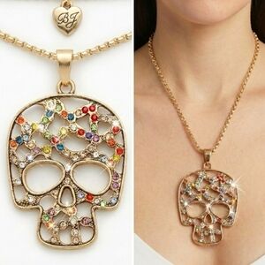 Gold plated multi color crystal skull pendant necklace with an adjustable chain